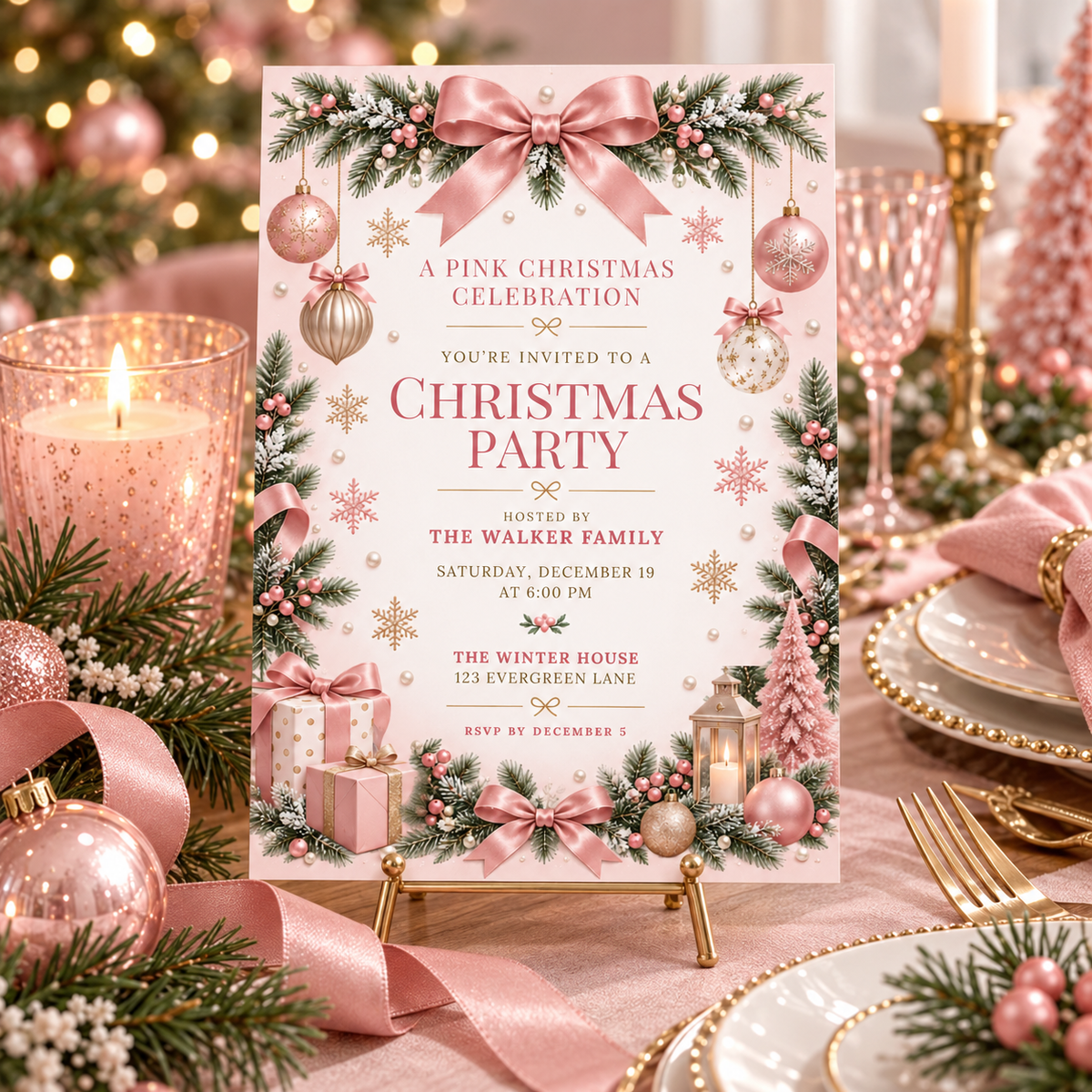 Pink Christmas celebration invitation on a small easel among pink candles