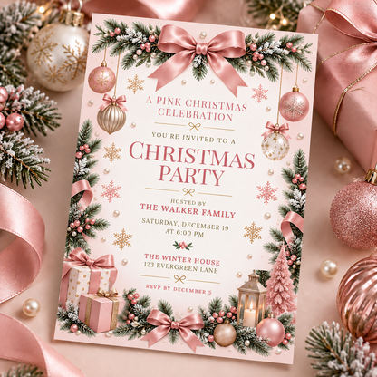 Pastel Christmas invitation lying on pink fabric with baubles and gift boxes