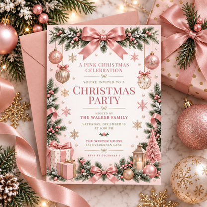 Pink Christmas party invitation with a pink envelope and ornaments