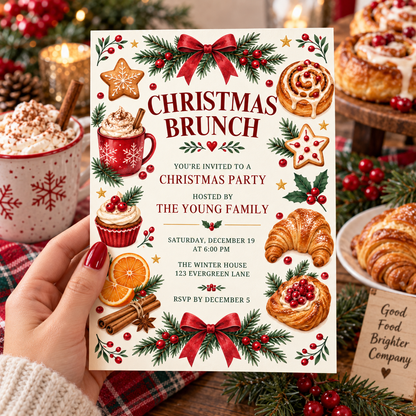 Christmas brunch invitation with pastries held in a hand beside cocoa and croissants