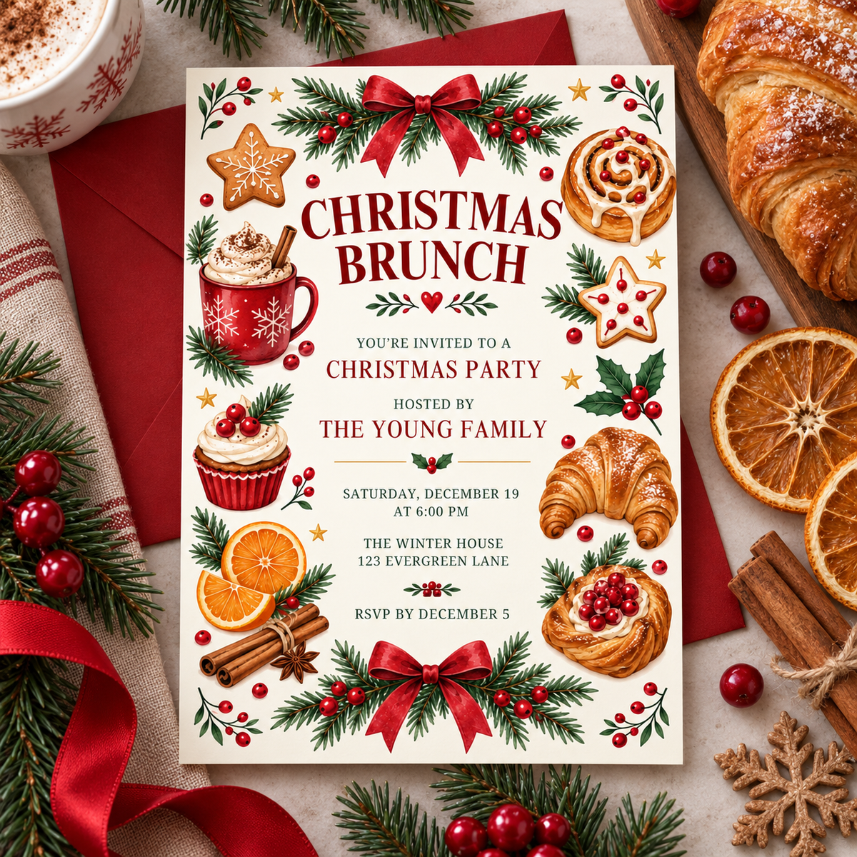 Christmas brunch invitation on red fabric with croissants and orange slices