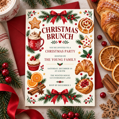 Christmas brunch invitation on red fabric with croissants and orange slices