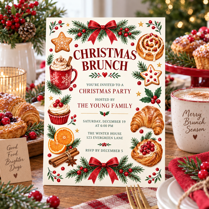 Christmas brunch invitation on a table with cocoa, pastries and candles