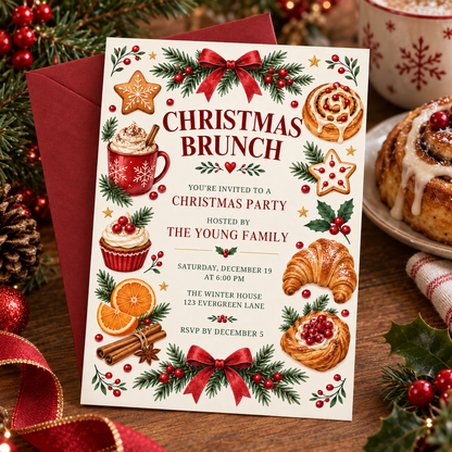 Christmas brunch invitation with a red envelope, pine and cinnamon rolls