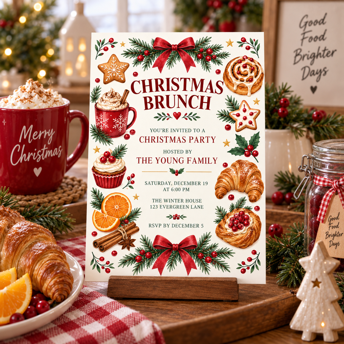 Christmas brunch invitation on a counter with cocoa mugs and a tiny tree