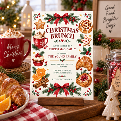 Christmas brunch invitation on a counter with cocoa mugs and a tiny tree
