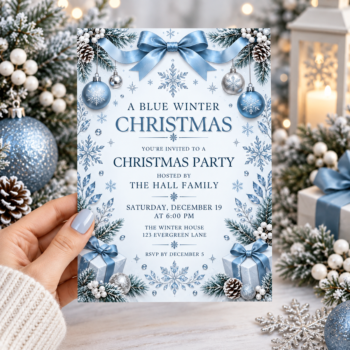 Blue winter Christmas invitation held in a hand beside frosted pine and blue ornaments