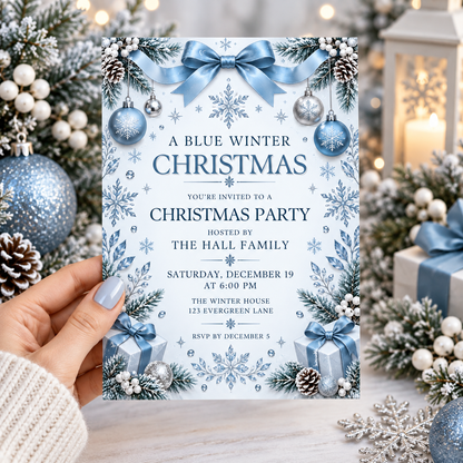 Blue winter Christmas invitation held in a hand beside frosted pine and blue ornaments