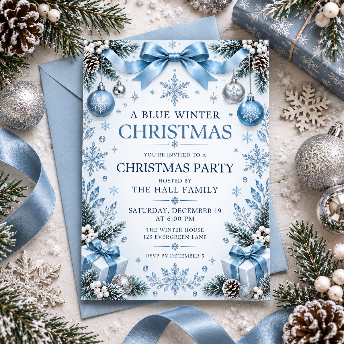 Dusty blue Christmas invitation with a blue envelope on a snowy surface