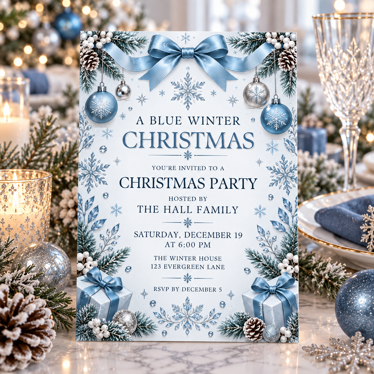Blue Christmas party invitation on a table with crystal glasses and candles