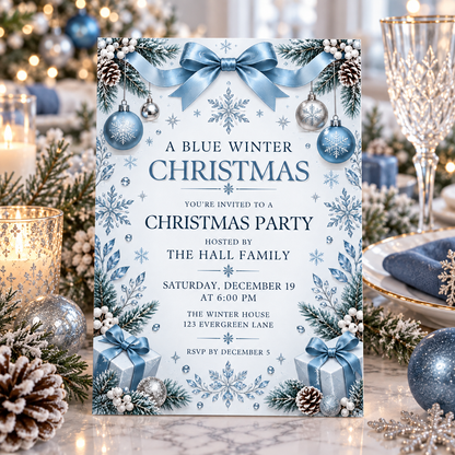 Blue Christmas party invitation on a table with crystal glasses and candles
