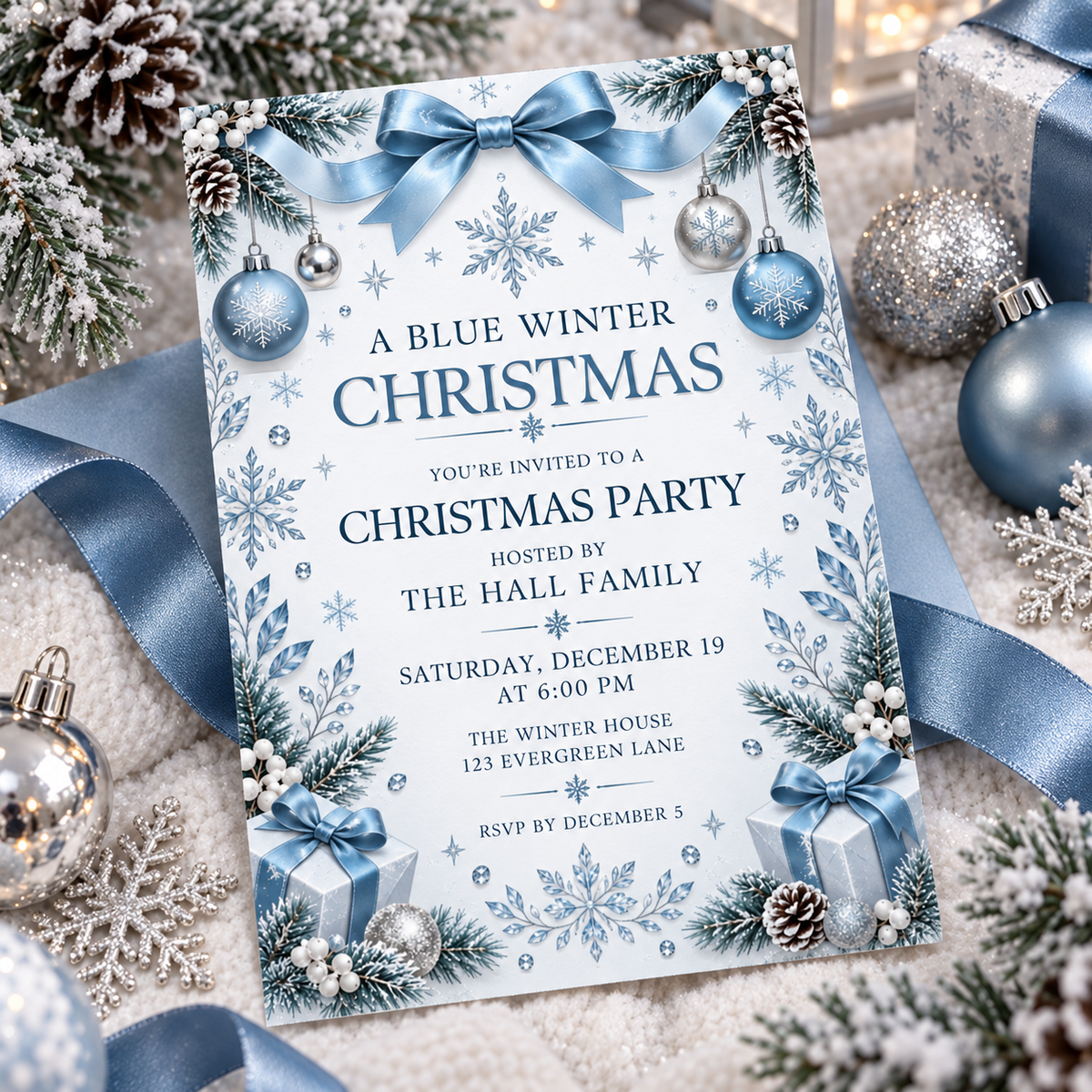 Blue and silver Christmas invitation on blue ribbon with pine cones