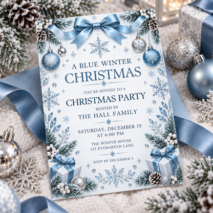 Blue and silver Christmas invitation on blue ribbon with pine cones