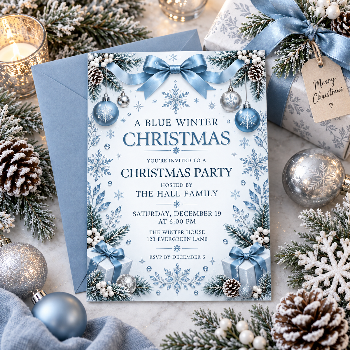 Dusty blue Christmas invitation with a blue envelope and silver baubles