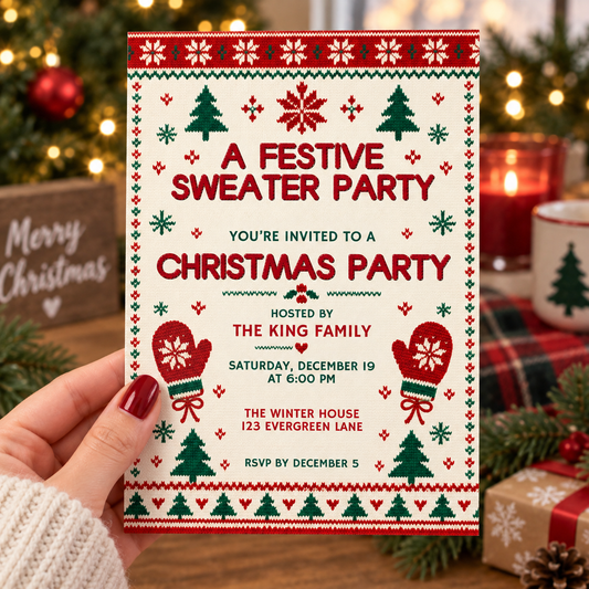 Festive sweater party Christmas invitation held in a hand by holiday lights