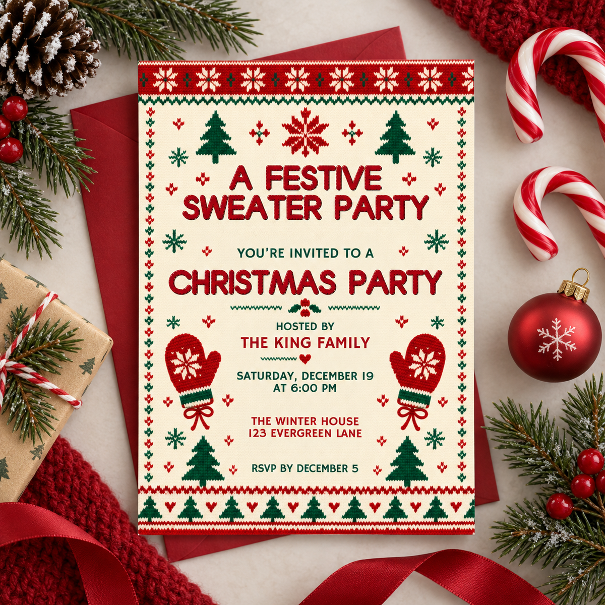 Knit pattern Christmas invitation on red fabric with candy canes