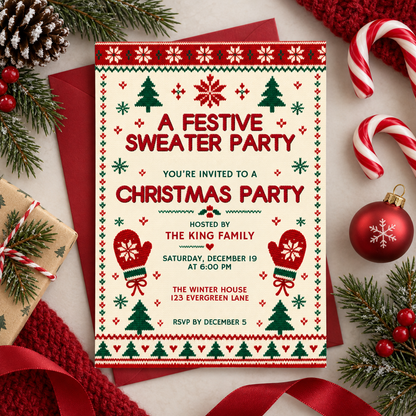 Knit pattern Christmas invitation on red fabric with candy canes