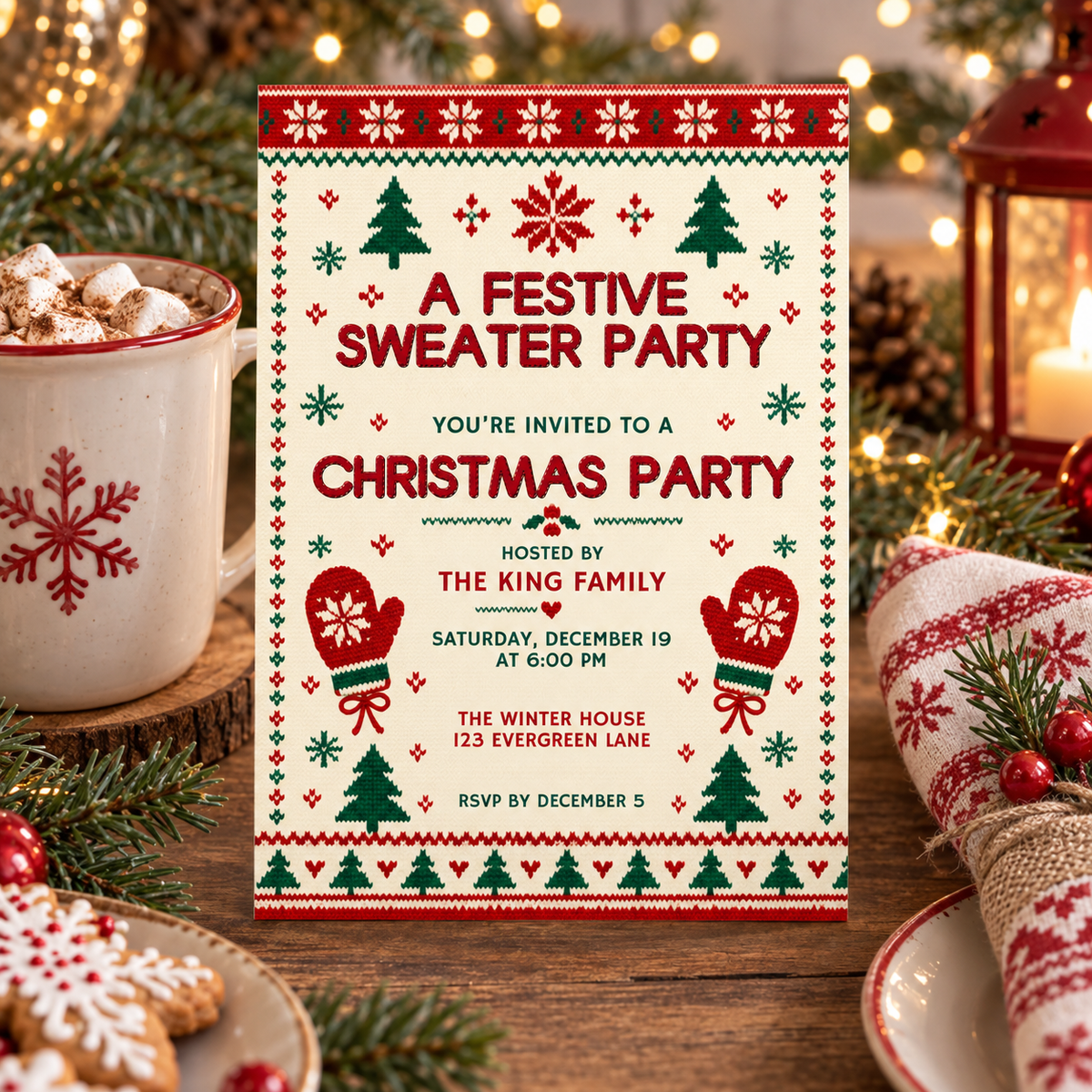Christmas sweater party invitation on a table with a mug and lanterns