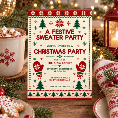Christmas sweater party invitation on a table with a mug and lanterns