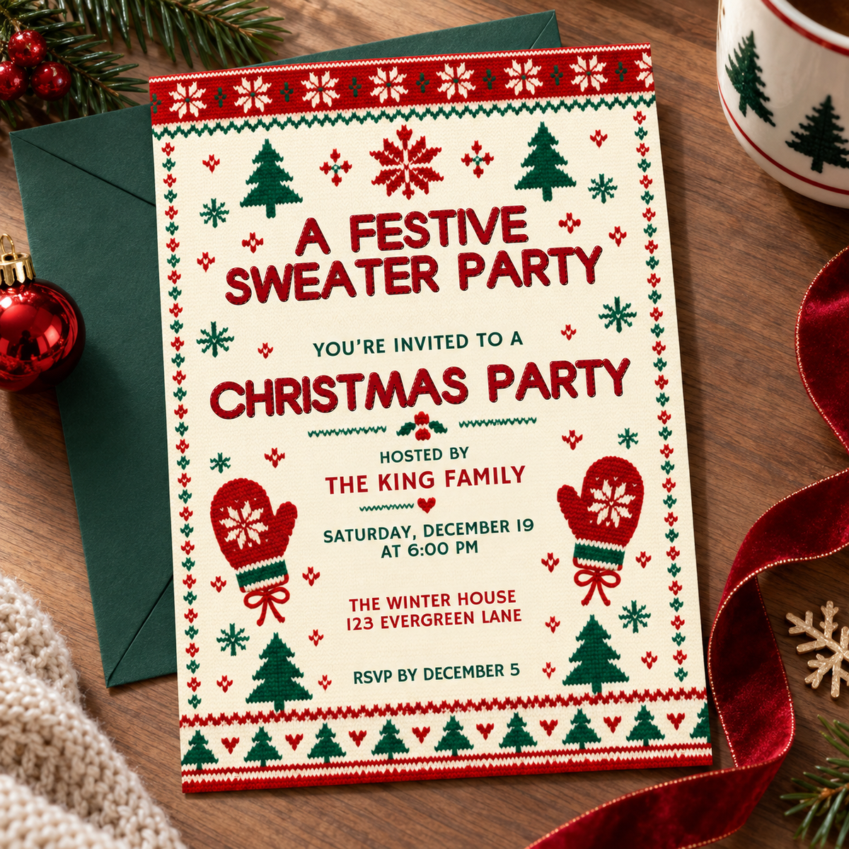 Red and green knit Christmas invitation with a green envelope and pine