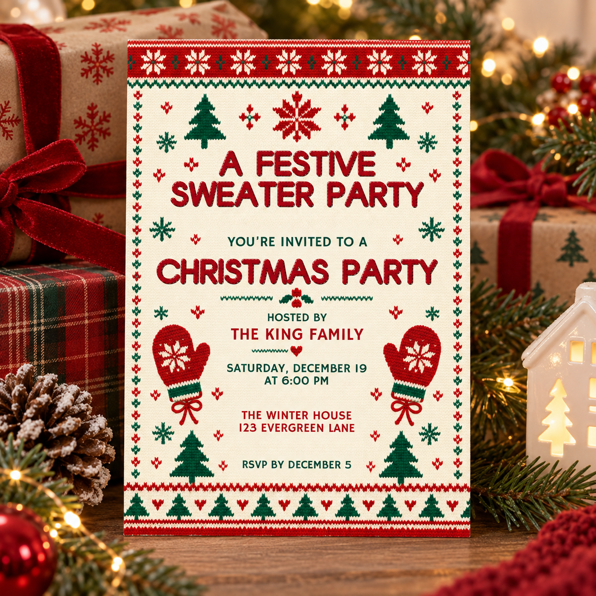 Sweater party Christmas invitation on wood with pine cones and red ribbon