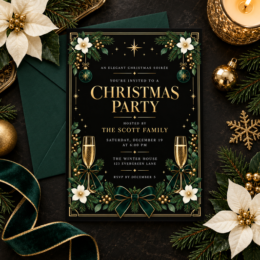 Black and gold Christmas soiree invitation on a dark surface with white poinsettias