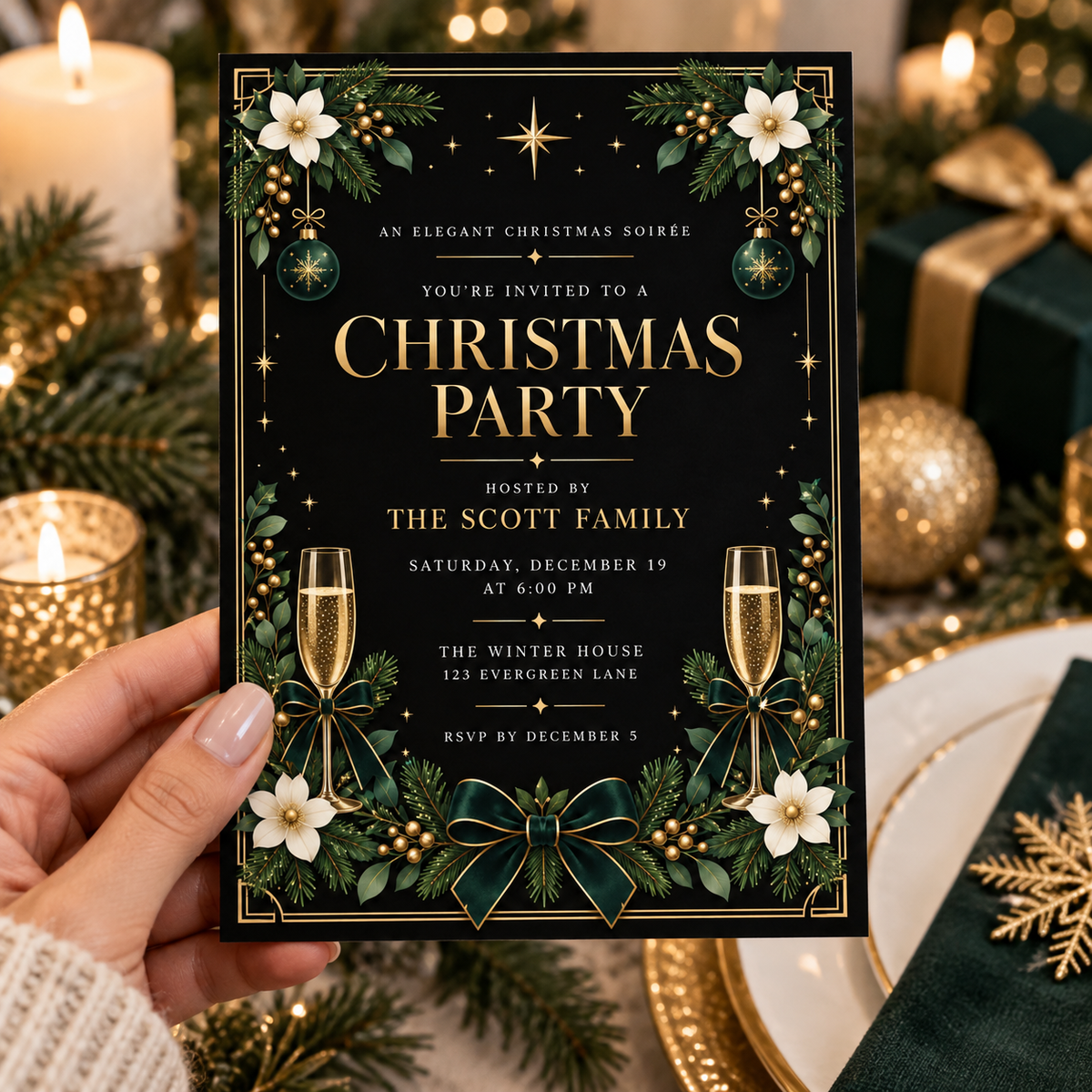 Elegant black Christmas invitation held in a hand beside gold ornaments