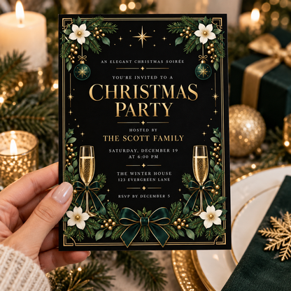 Elegant black Christmas invitation held in a hand beside gold ornaments