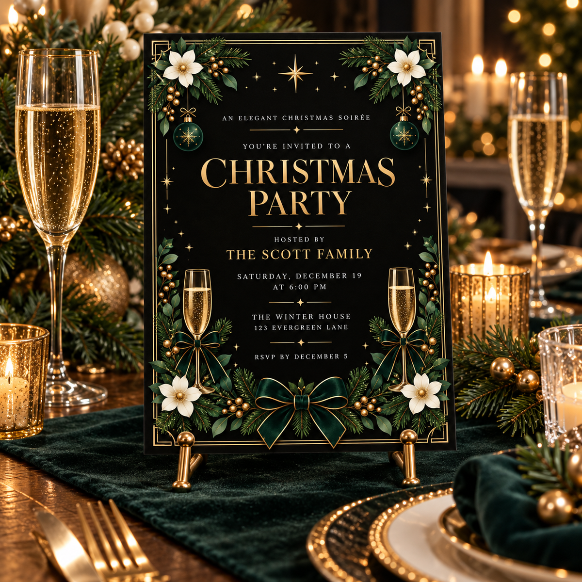 Black and gold Christmas invitation on a table with champagne glasses