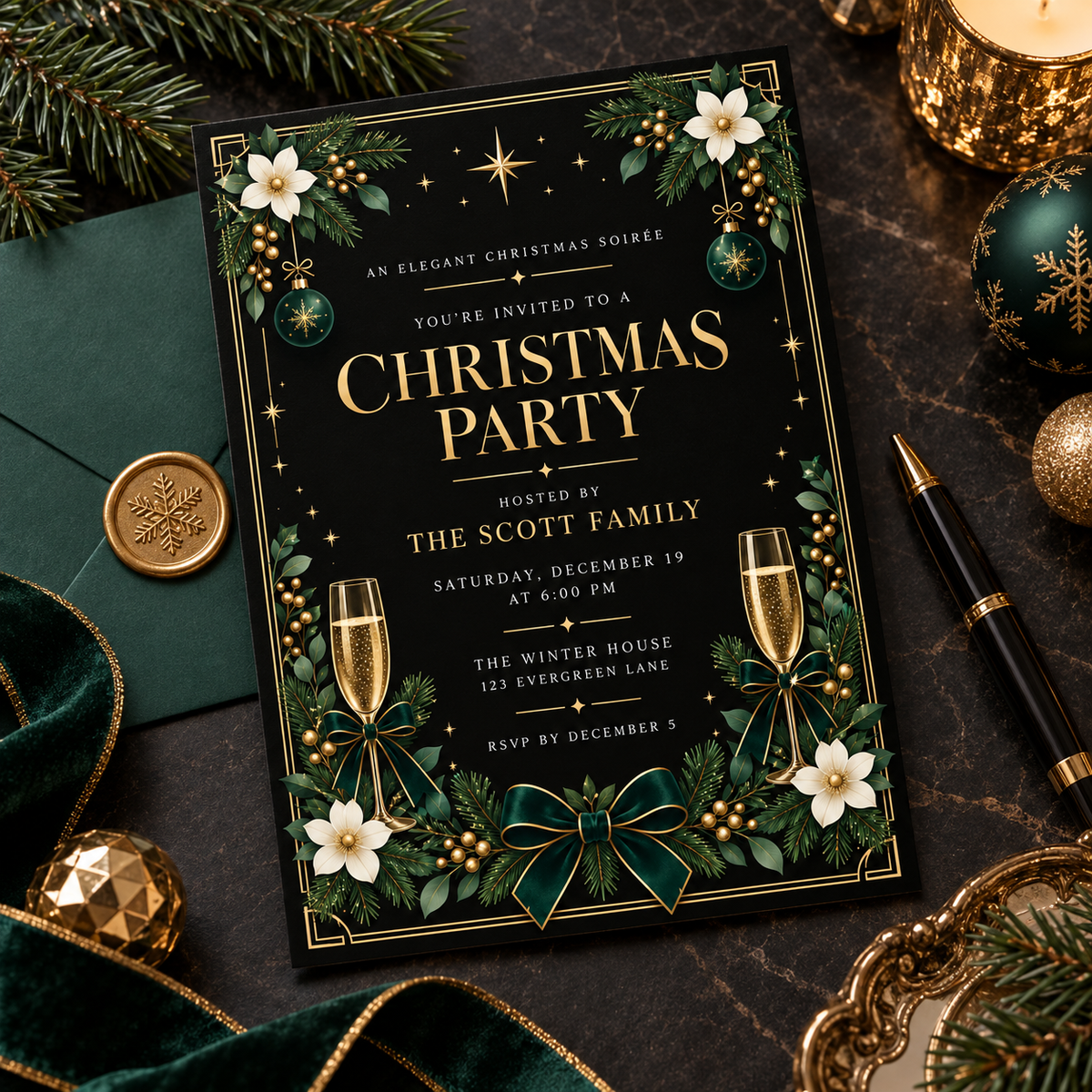 Black Christmas party invitation with a green envelope and gold wax seal