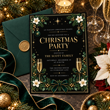 Black and gold Christmas invitation on a dinner table with candles and glasses