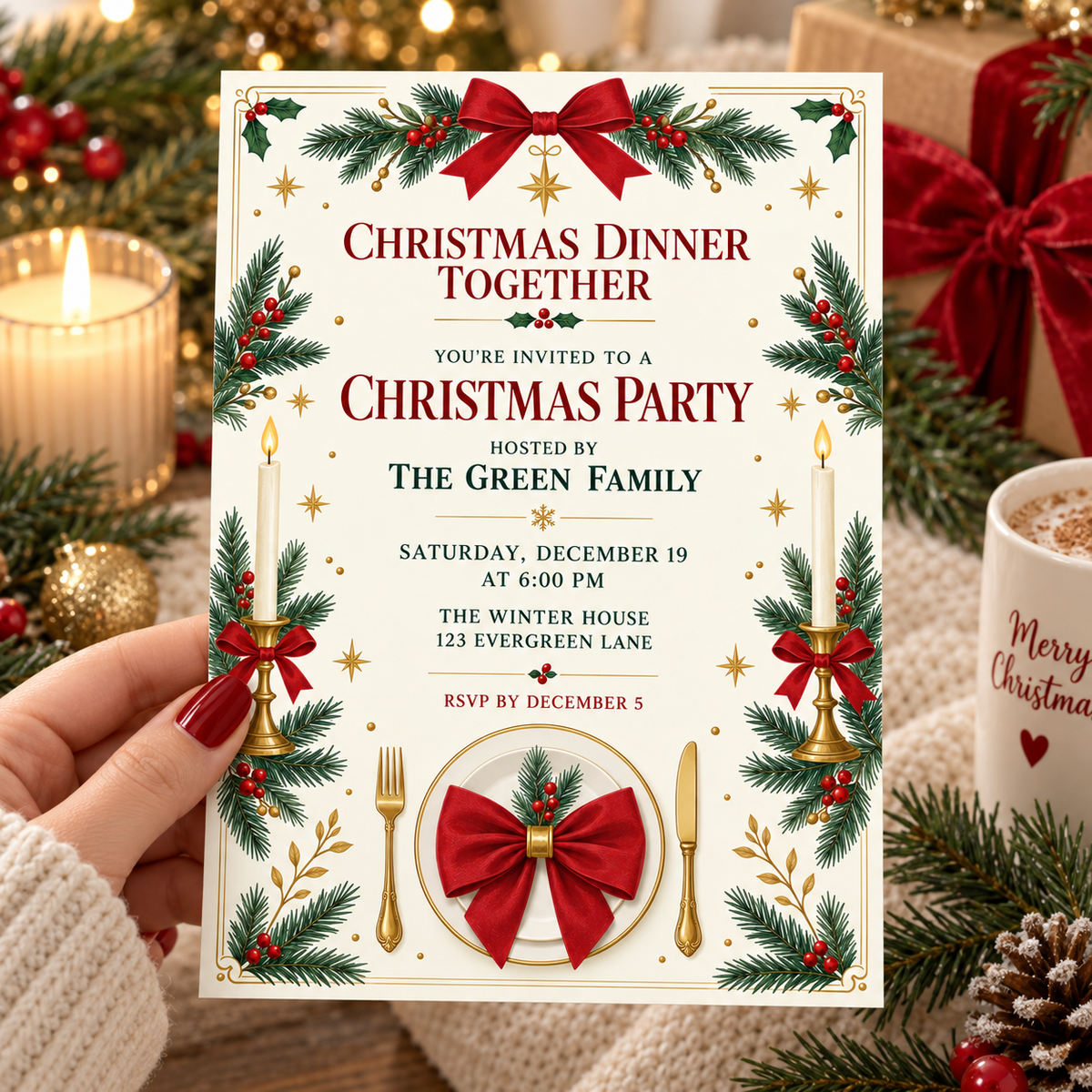 Christmas dinner invitation with a red bow plate held in a hand by candles