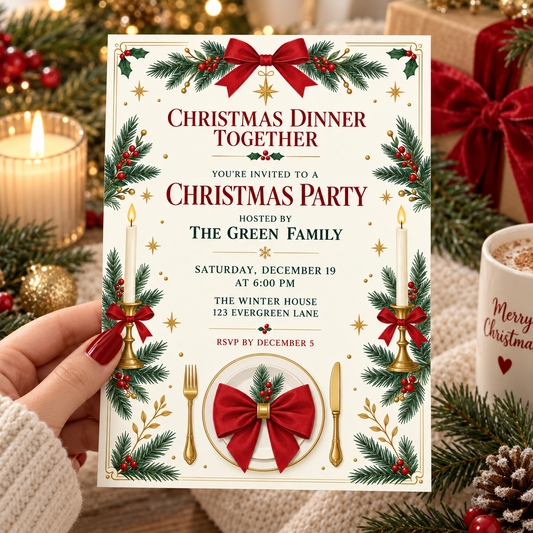 Christmas dinner invitation with a red bow plate held in a hand by candles