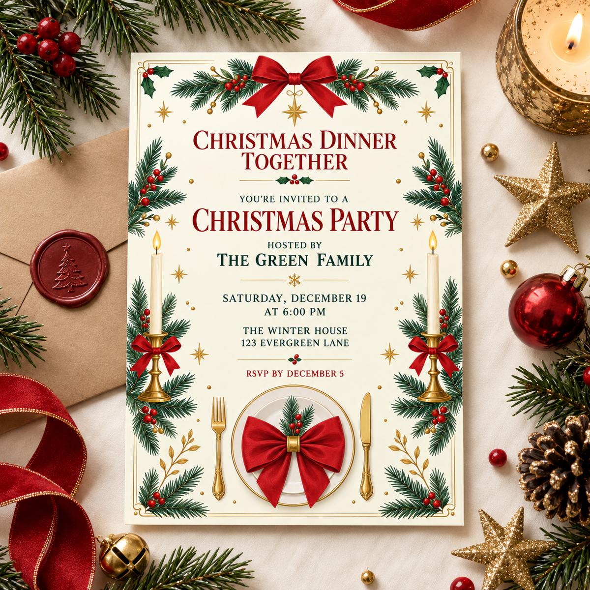 Christmas dinner invitation on red fabric with a wax seal and ornaments