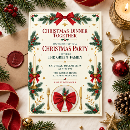 Christmas dinner invitation on red fabric with a wax seal and ornaments