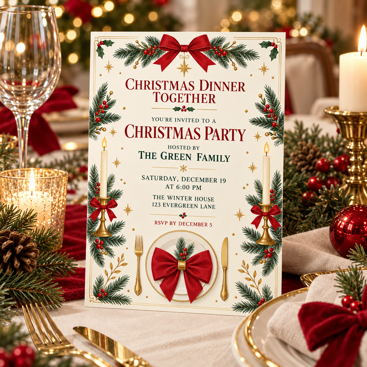 Christmas dinner invitation on a set table with wine glasses and pine