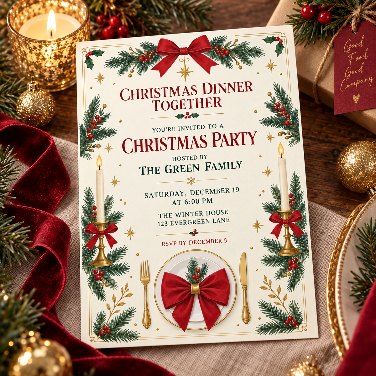 Christmas dinner invitation lying on a red ribbon with gold candles