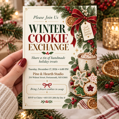 Winter cookie exchange invitation held in a hand beside cookies and pine