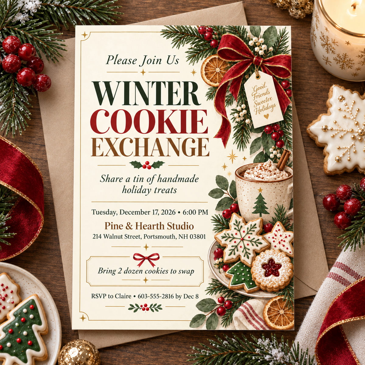 Winter cookie exchange invitation on a table with red ribbon and cookie tins