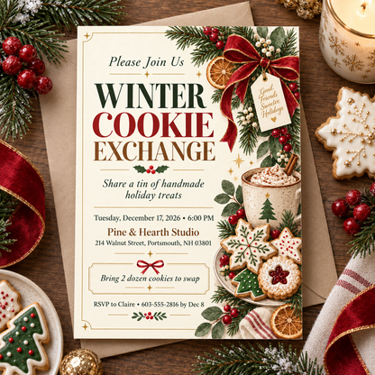 Winter cookie exchange invitation on a table with red ribbon and cookie tins