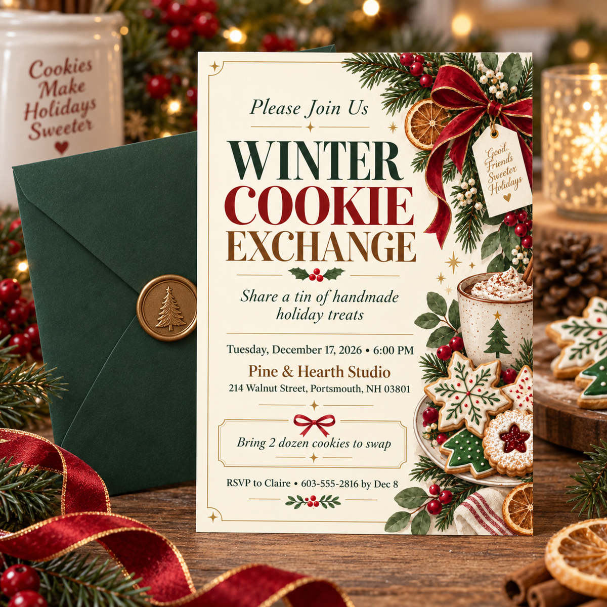 Cookie exchange invitation with a green envelope and wax seal on plaid