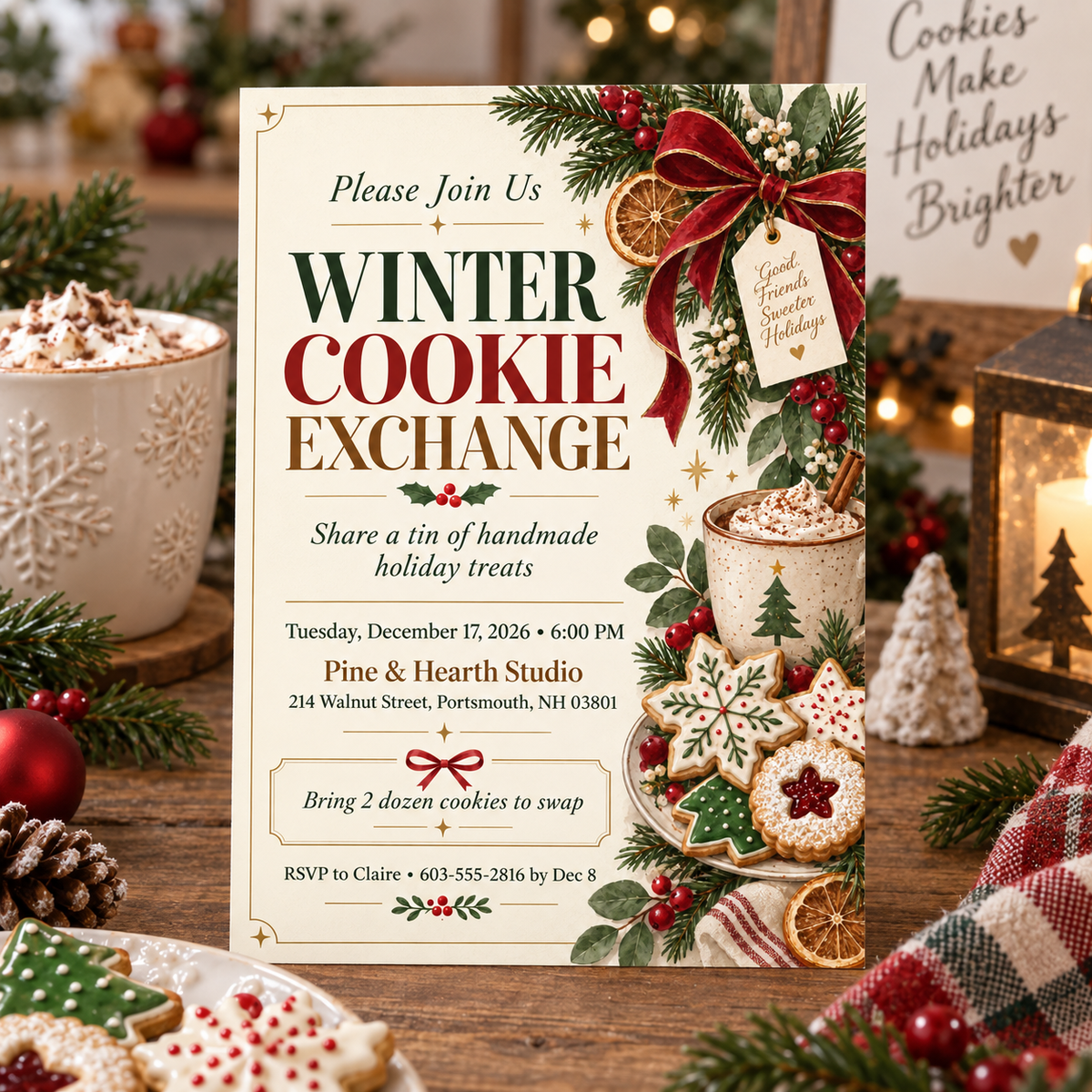 Winter cookie exchange invitation among cocoa mugs and holiday cookies
