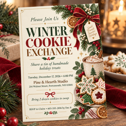 Cookie exchange invitation on a wooden table with cookies and red ribbon