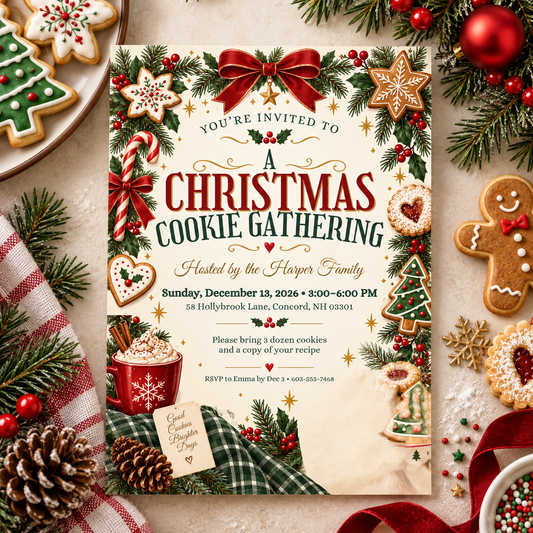 Christmas cookie gathering invitation on a table with gingerbread cookies and pine