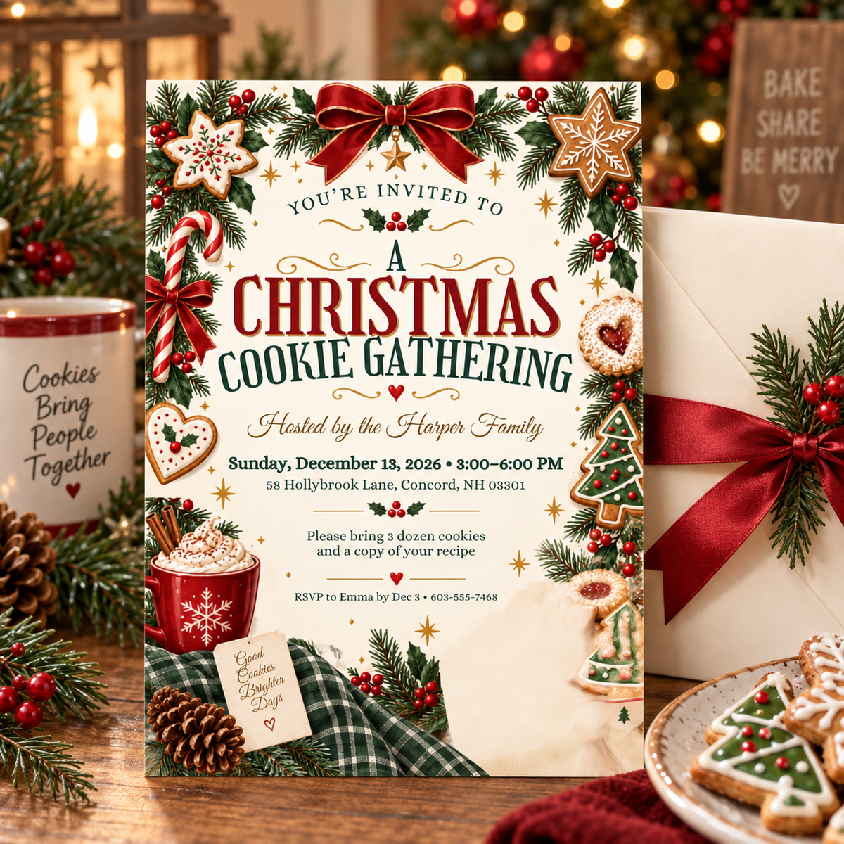 Christmas cookie invitation on a table with a red envelope and cookie tags