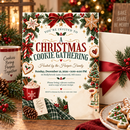 Christmas cookie invitation on a table with a red envelope and cookie tags