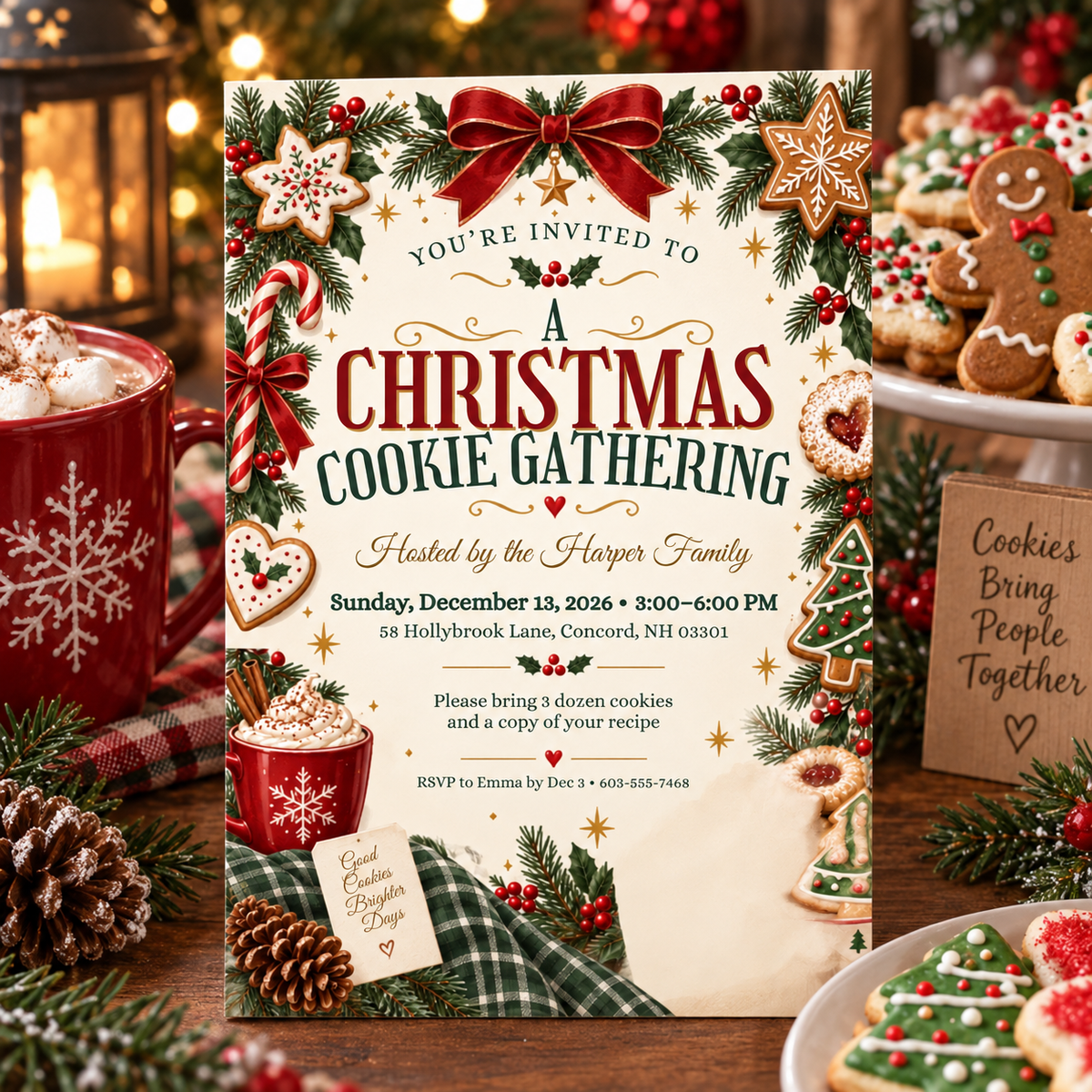 Christmas cookie gathering invitation among cocoa mugs and holiday treats