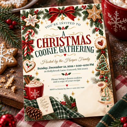 Gingerbread Christmas cookie invitation lying on a table with plaid and pine