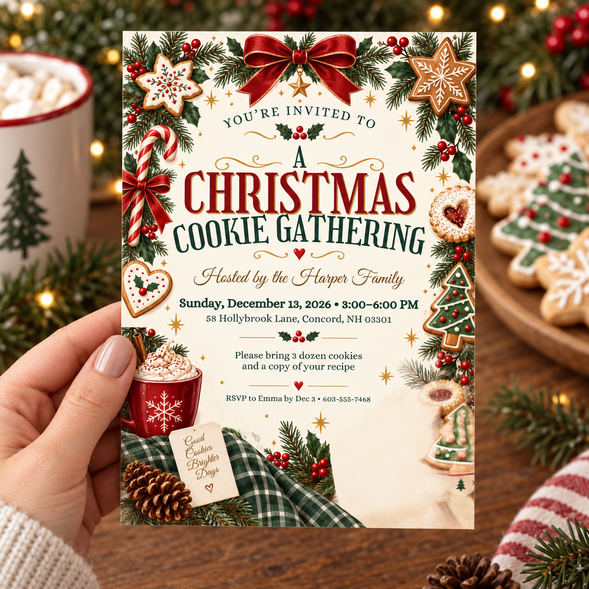 Christmas cookie gathering invitation held in a hand beside cookies and cocoa