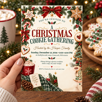 Christmas cookie gathering invitation held in a hand beside cookies and cocoa